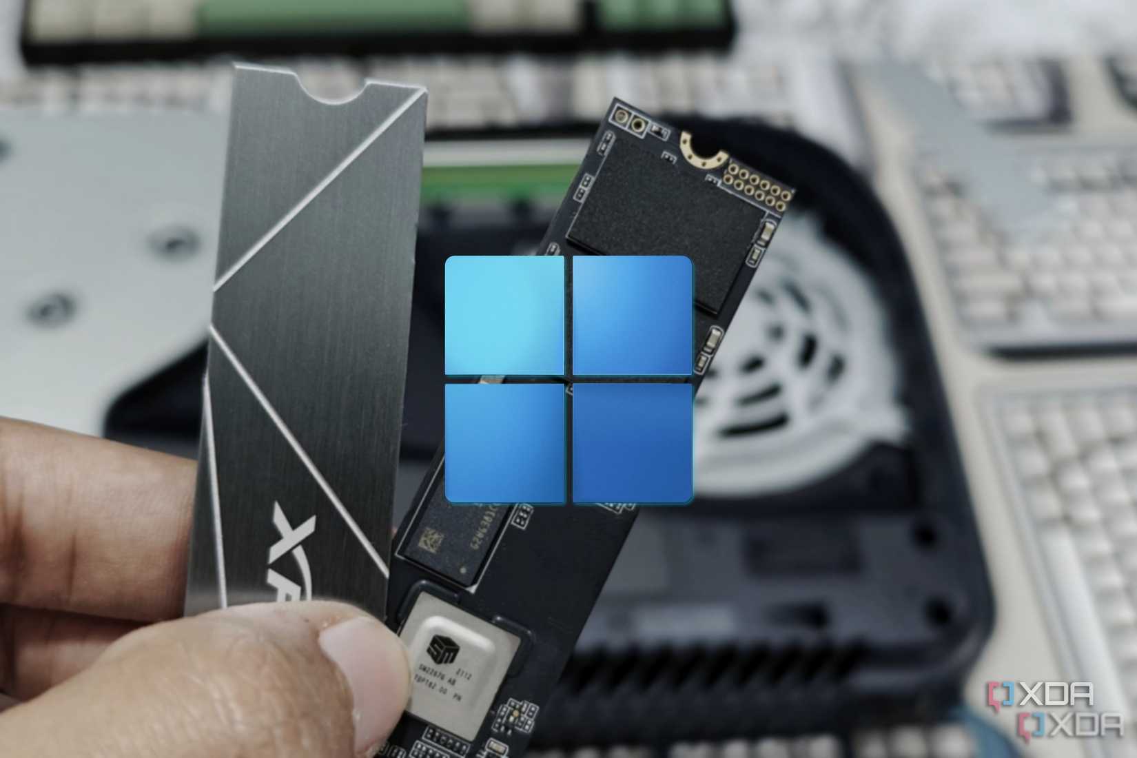 An M.2 SSD with a Windows 11 logo over it