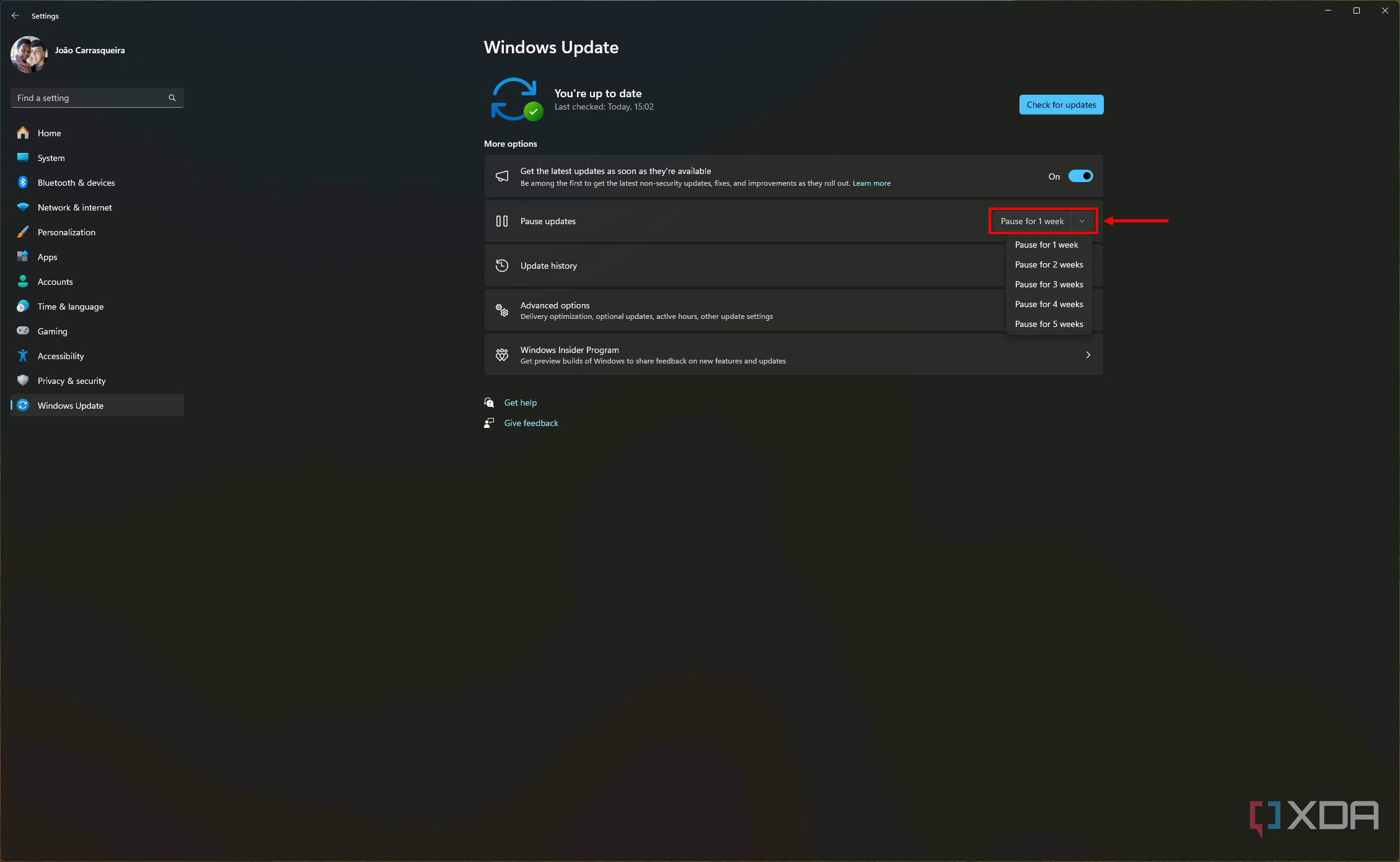 Screenshot of the Windows Update page in Windows 11 Settings app with the option to pause updates highlighted