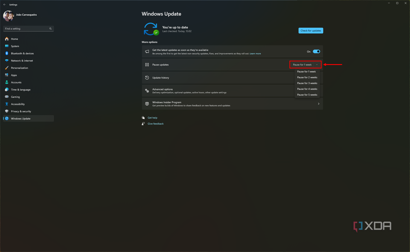 Screenshot of the Windows Update page in Windows 11 Settings app with the option to pause updates highlighted
