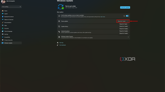 Screenshot of the Windows Update page in Windows 11 Settings app with the option to pause updates highlighted