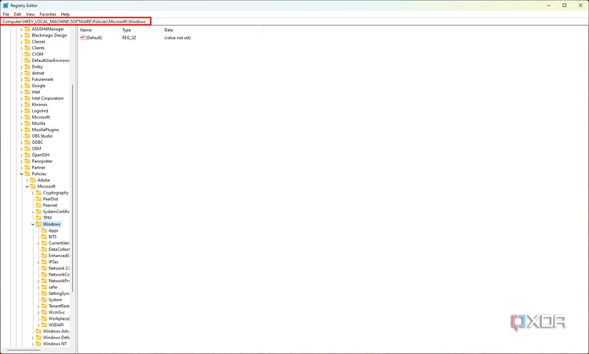 Screenshot of Registry Editor in Windows 11 showing a Windows folder