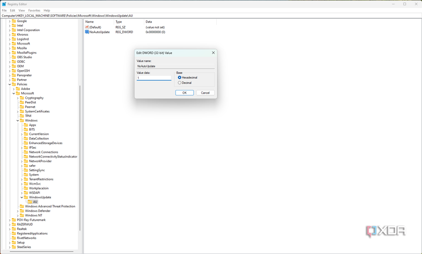 Screenshot of Registry Editor modifying a Dword value