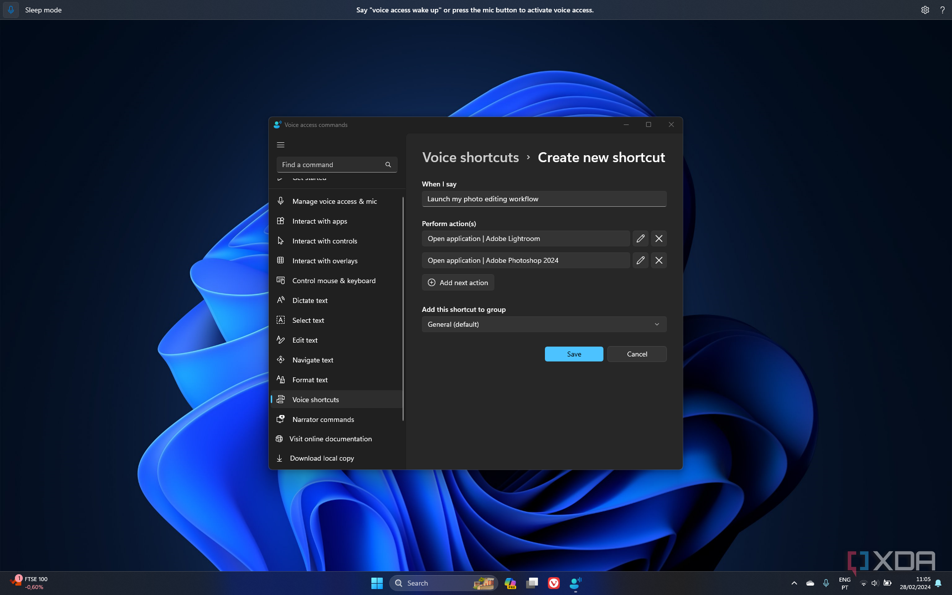 Screenshot of Windows 11 when setting up a new voice shortcut with voice access