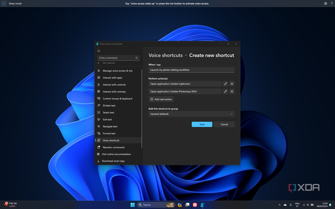Screenshot of Windows 11 when setting up a new voice shortcut with voice access
