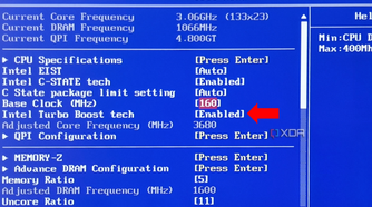 A PC BIOS menu with the Intel Turbo Boost setting enabled