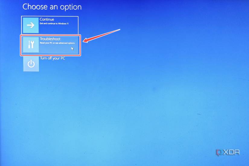 The Troubleshoot option that appears after clicking on Advanced Startup