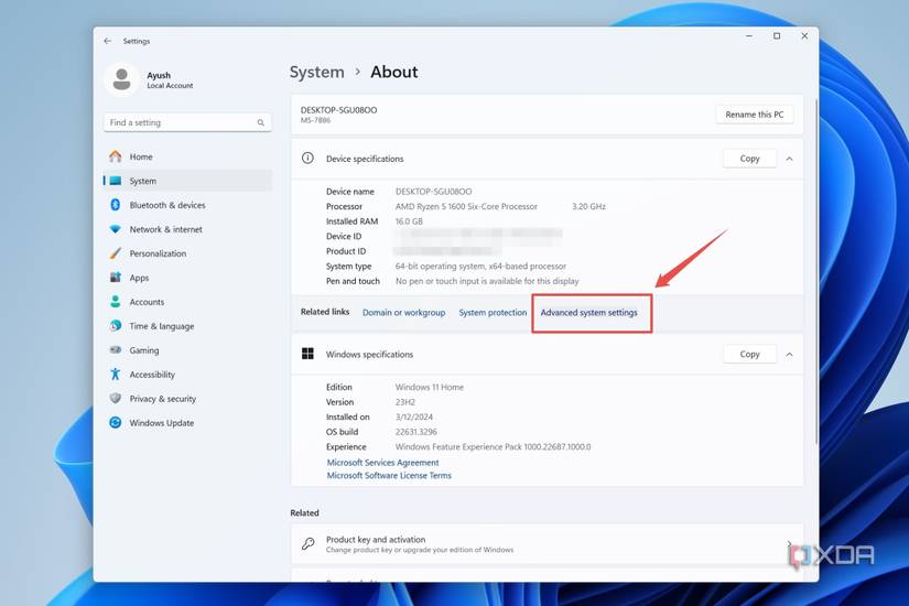 The Windows Settings app with the Advanced system settings highlighted