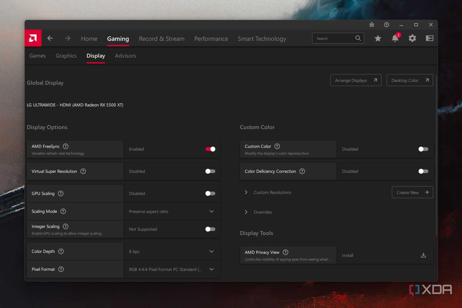 Windows 11 screenshot that shows the Display tab within the AMD Adrenaline app.