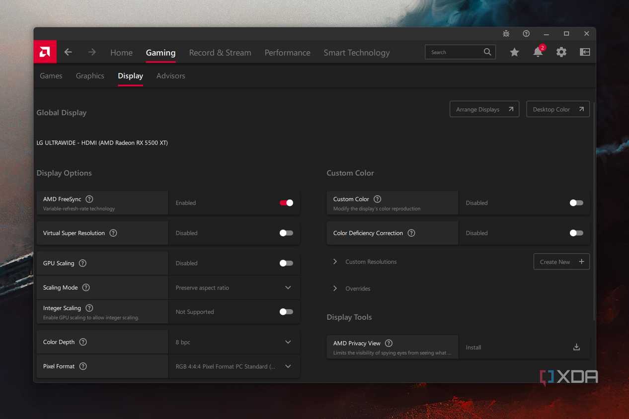 Windows 11 screenshot that shows the Display tab within the AMD Adrenaline app.