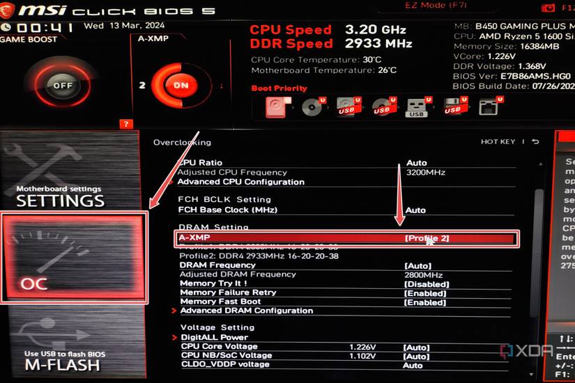 The MSI BIOS displaying the option to set an A-XMP profile