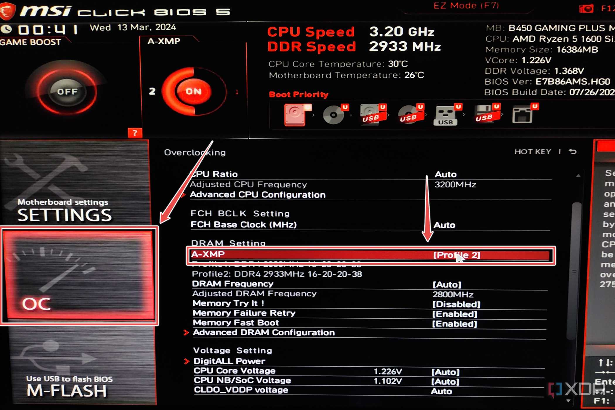 The MSI BIOS displaying the option to set an A-XMP profile