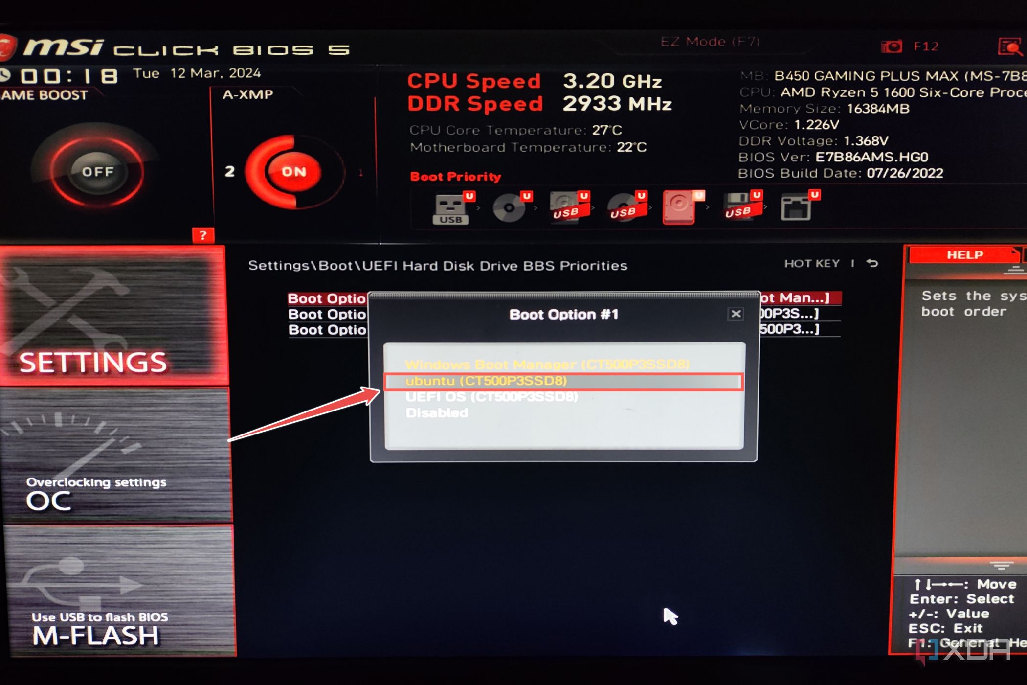The MSI BIOS highlighting the procedure to switch to Ubuntu