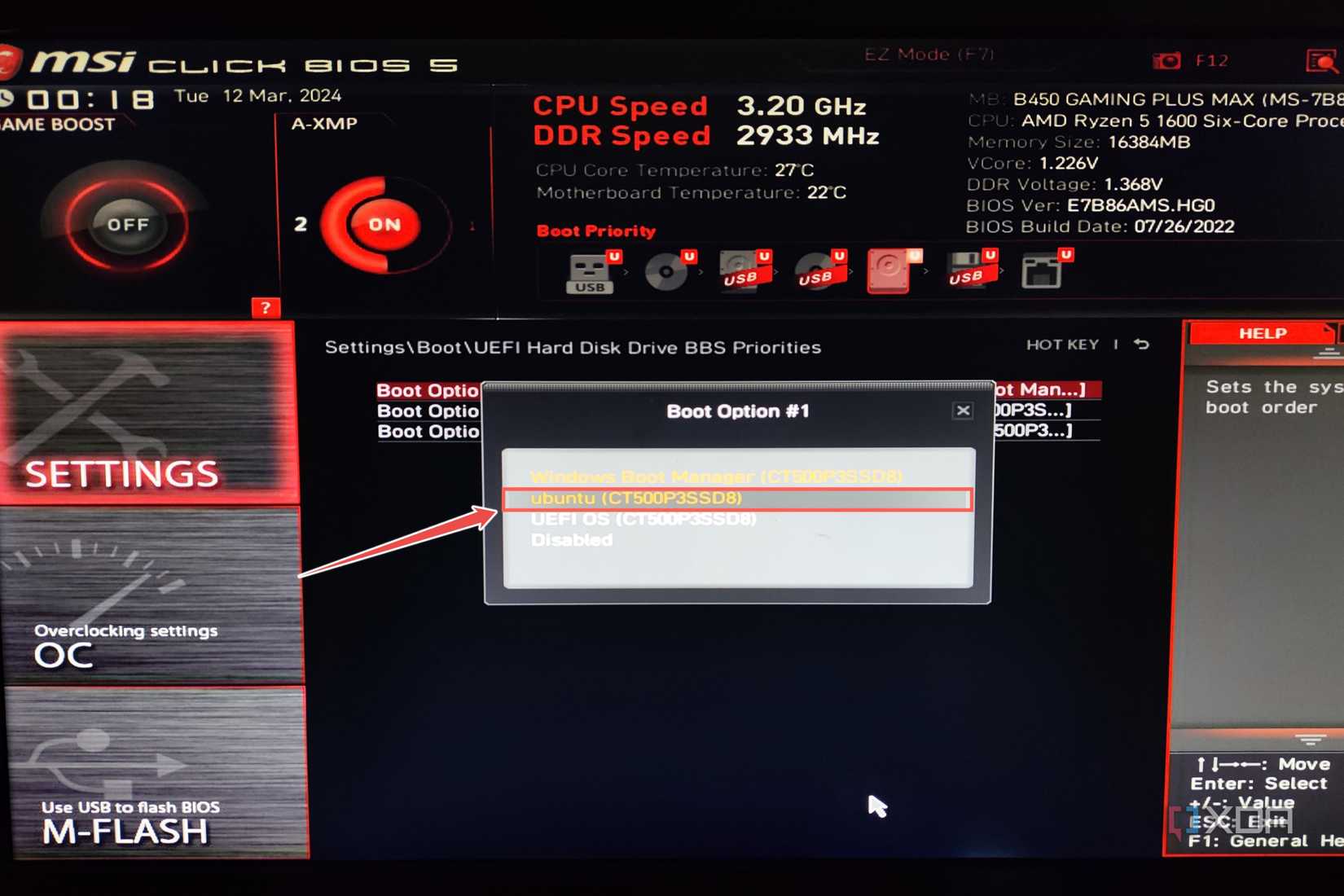 The MSI BIOS highlighting the procedure to switch to Ubuntu