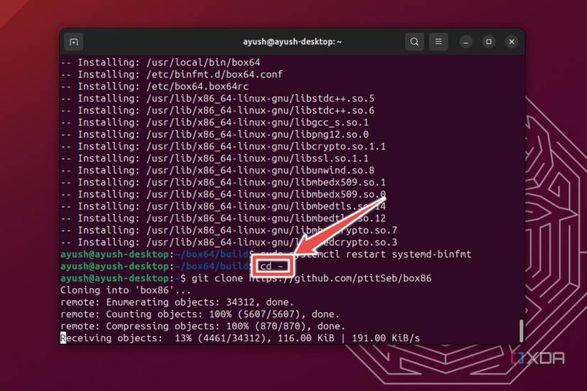 The cd ~ command within the Ubuntu terminal