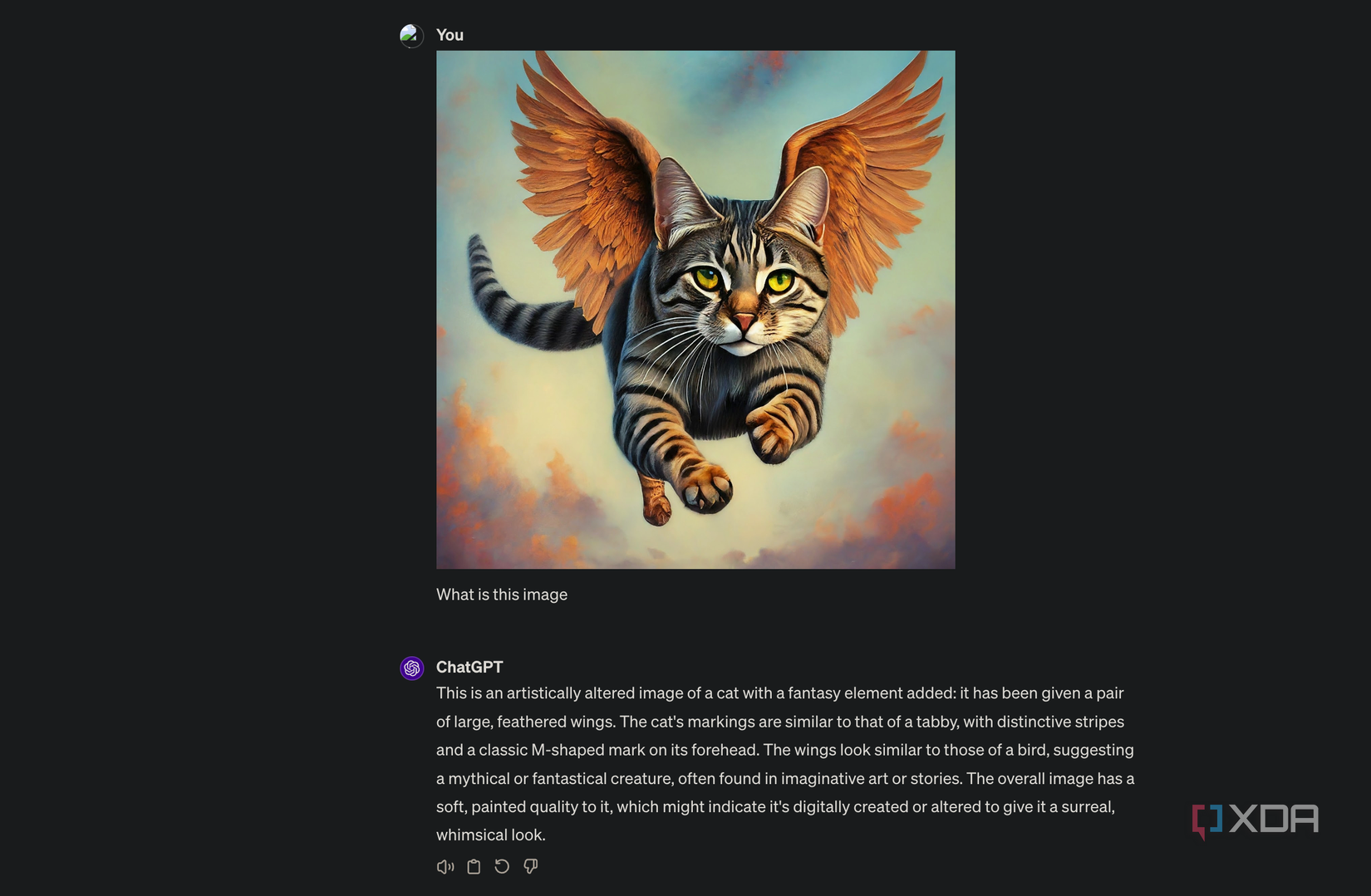 Asking ChatGPT to identify an image of a cat with wings