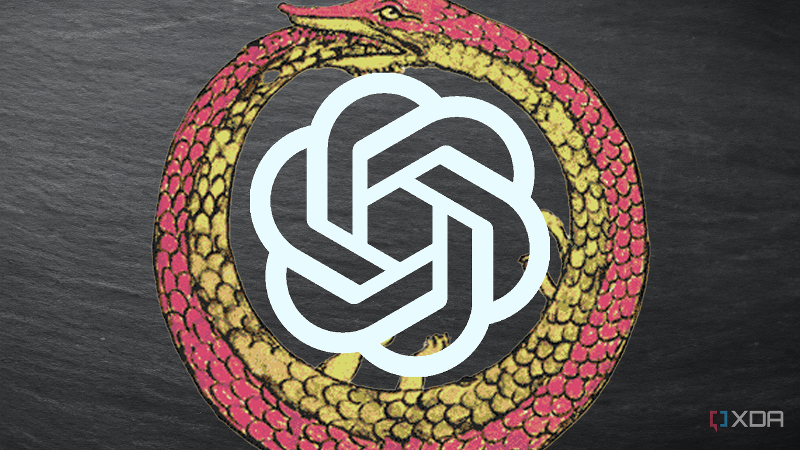 The ChatGPT logo inside of an ouroboros, on a slate background
