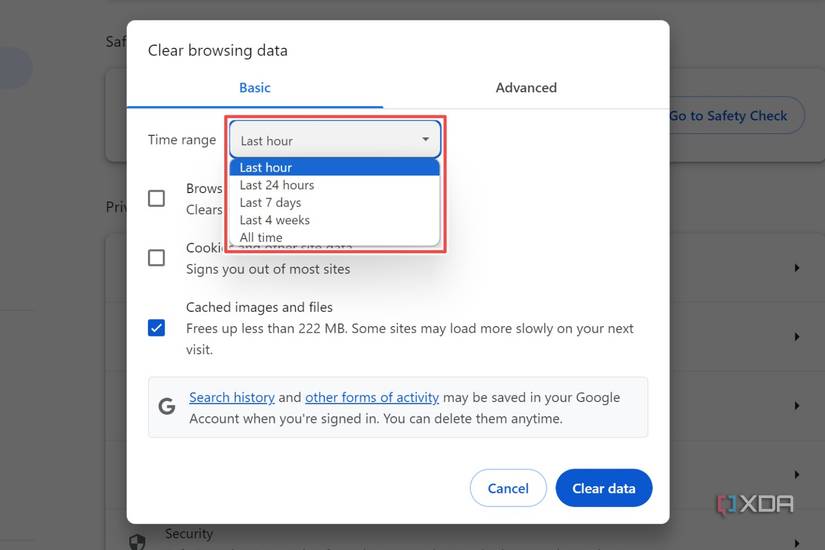 Chrome with the Time range option selected