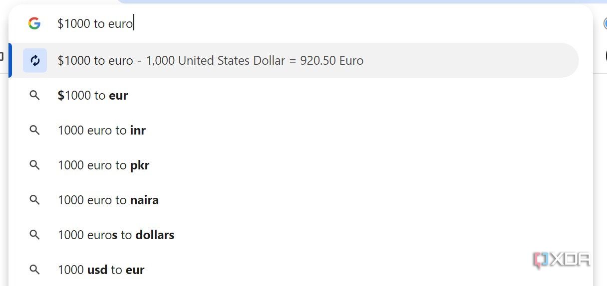 Google Chrome currency conversion tool