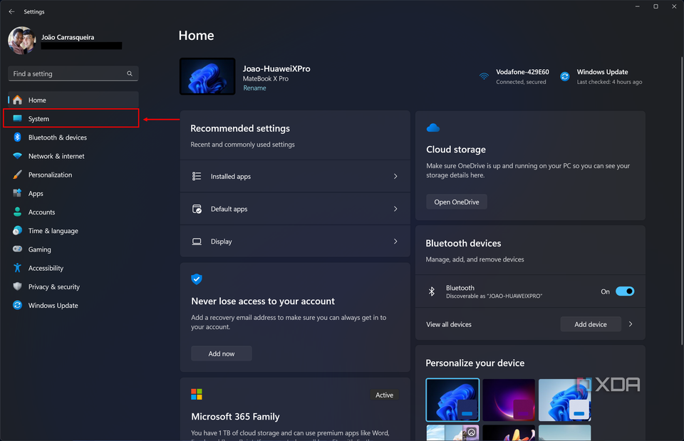 Windows 11 Settings app with System section highlighted