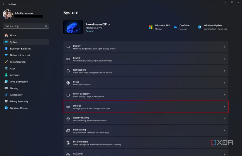 Windows 11 Settings app in the System section with Storage option highlighted