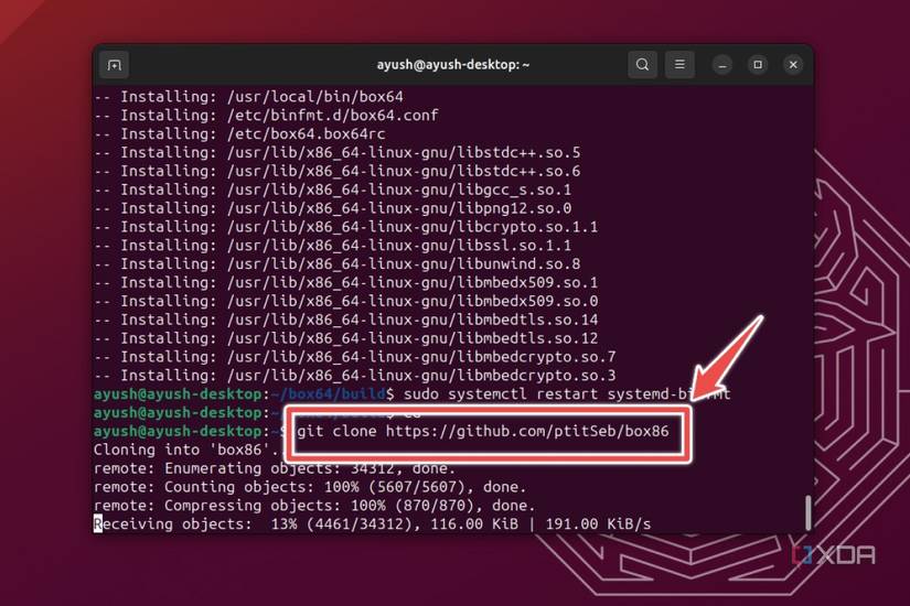 The Ubuntu terminal with the command used to clone the Box86 repository highlighted