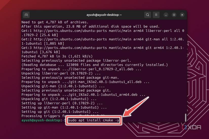 The command used to install the Cmake package in Ubuntu