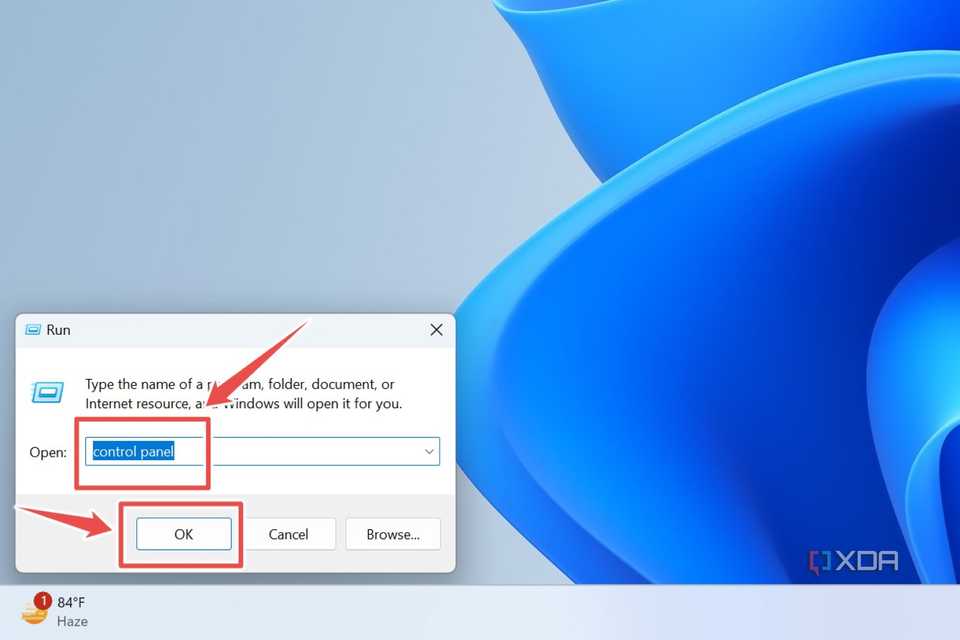 The procedure to open Control Panel using the Run utility