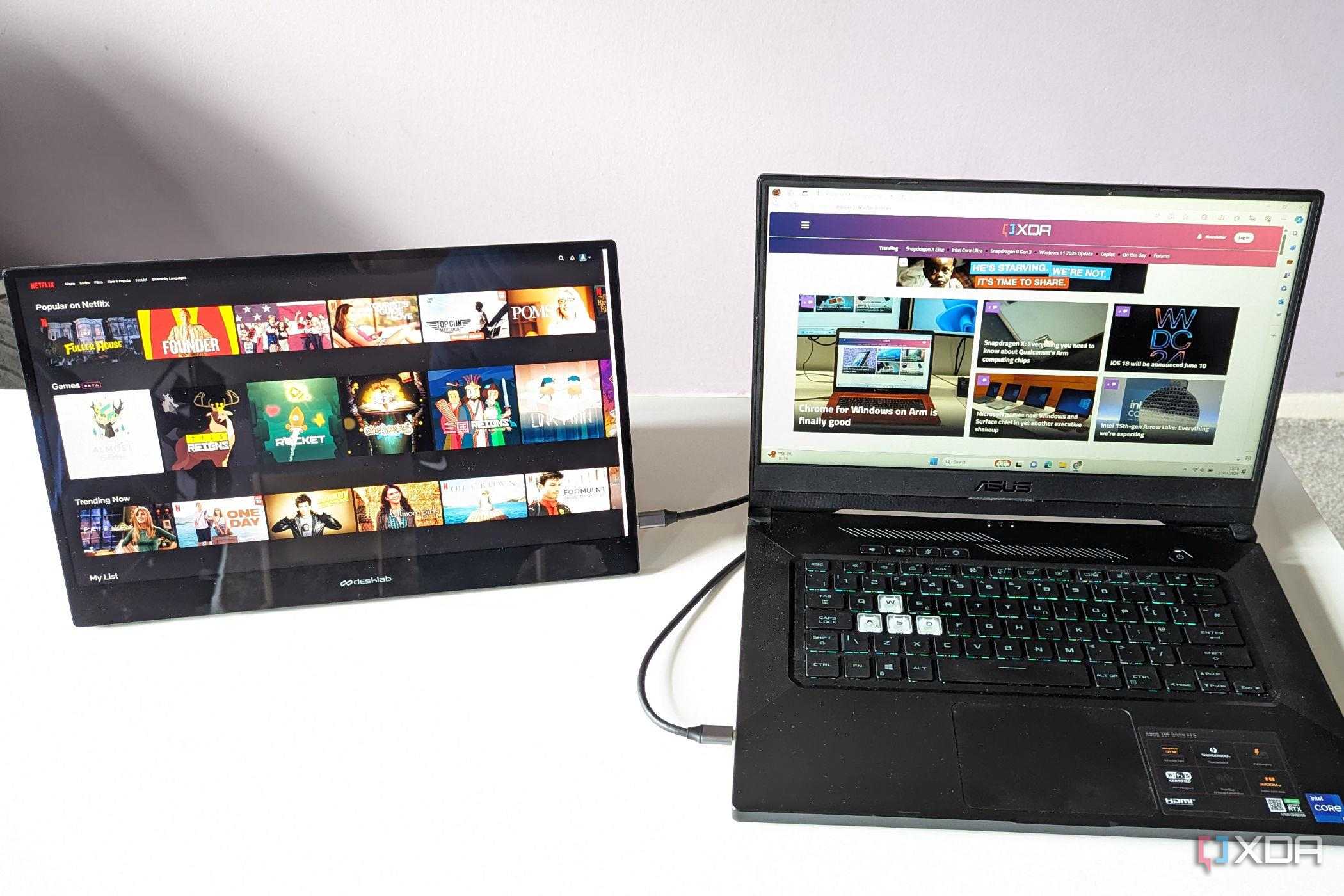 desklabs portable monitor showing netflix laptop showing xda website