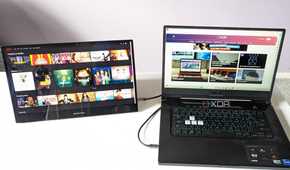 desklabs portable monitor showing netflix laptop showing xda website