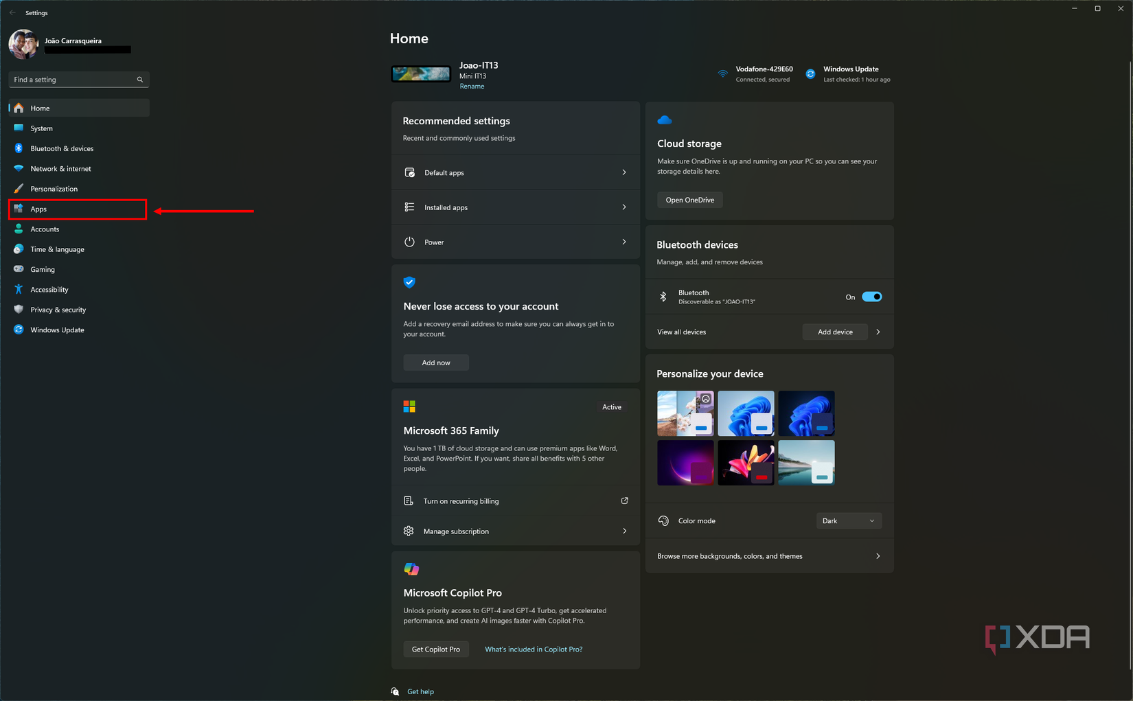 Screenshot of Windows 11 Settings with Apps section highlighted on the sidebar
