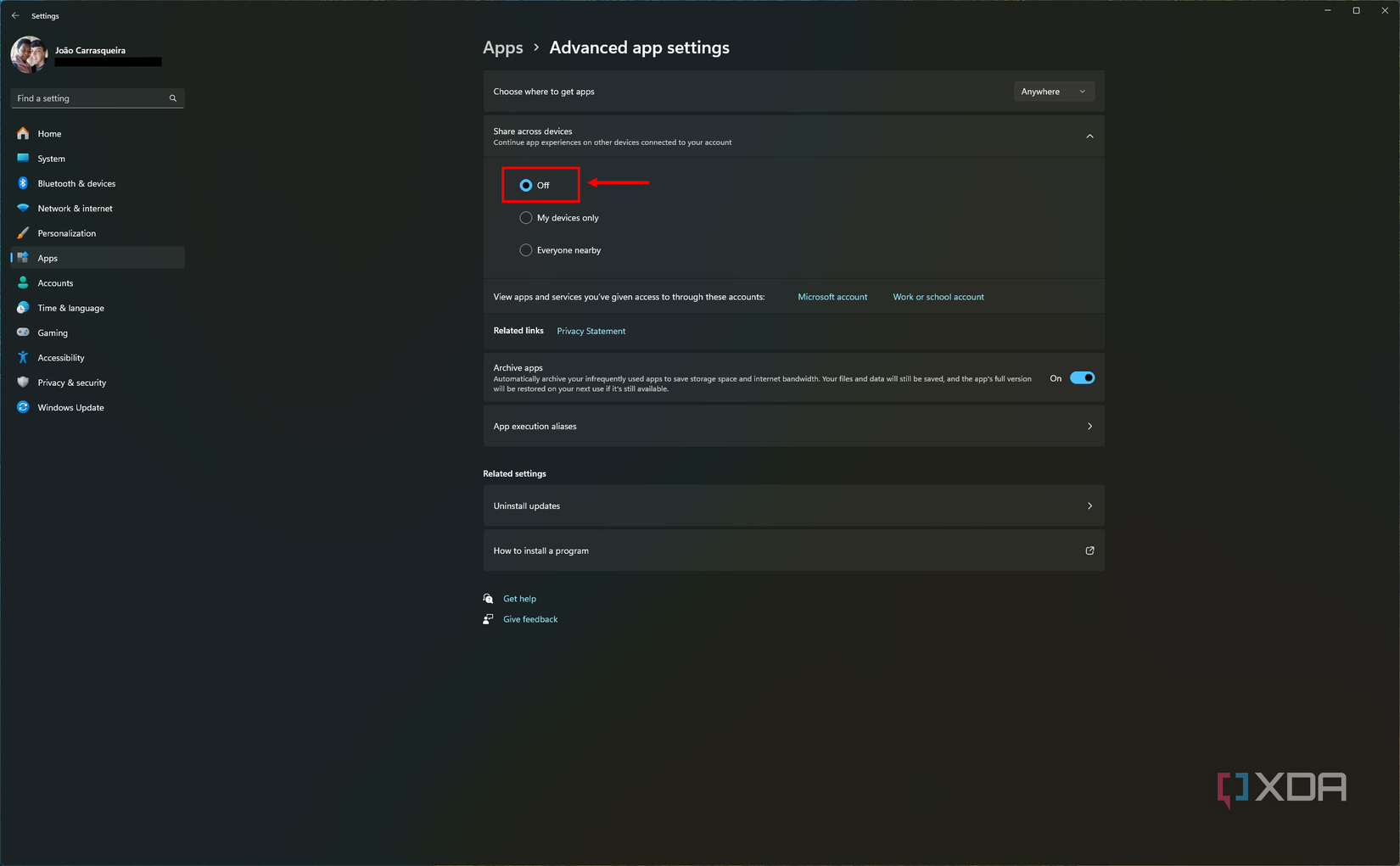 Screenshot of Windows 11 advanced app settings with share across devices turned off