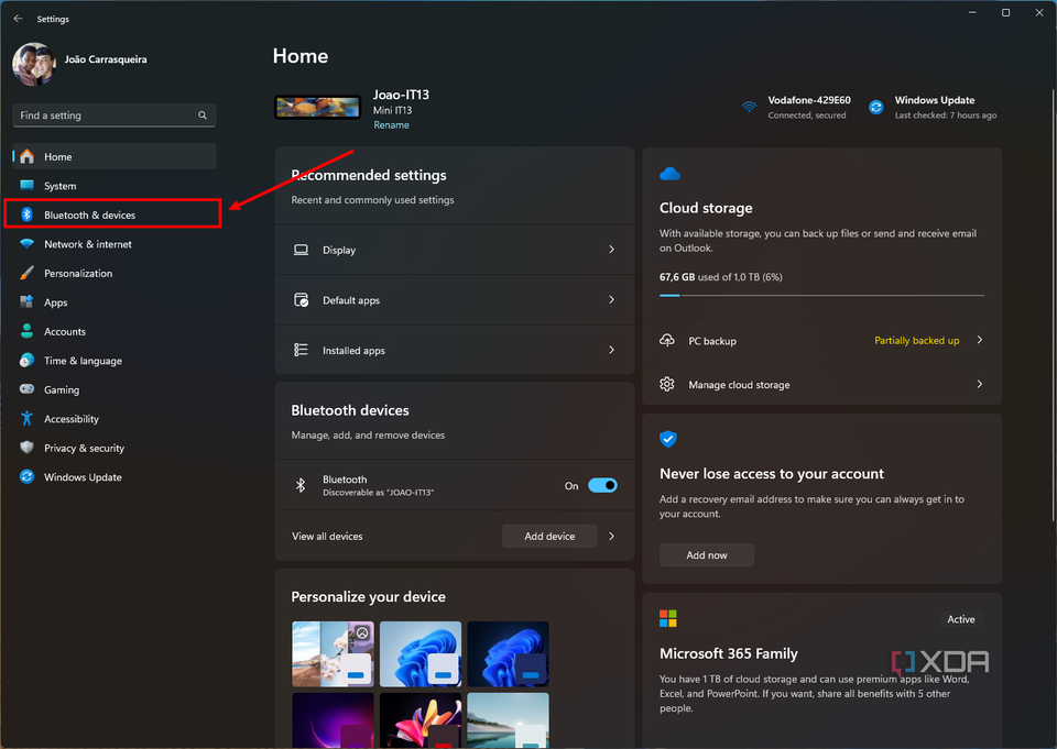 Screenshot of Windows 11 Settings with the Bluetooth and devices section highlighted
