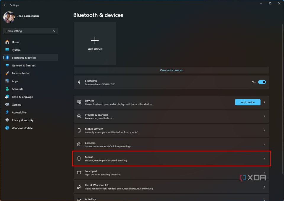 Screenshot of Windows 11 Bluetooth and devices settings with the mouse option highlighted