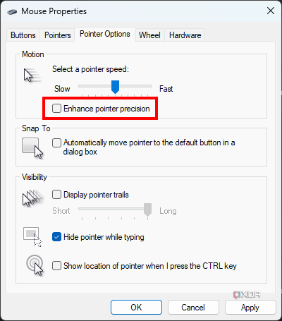 Screenshot of the mouse properties dialog with enhanced pointer precision disabled