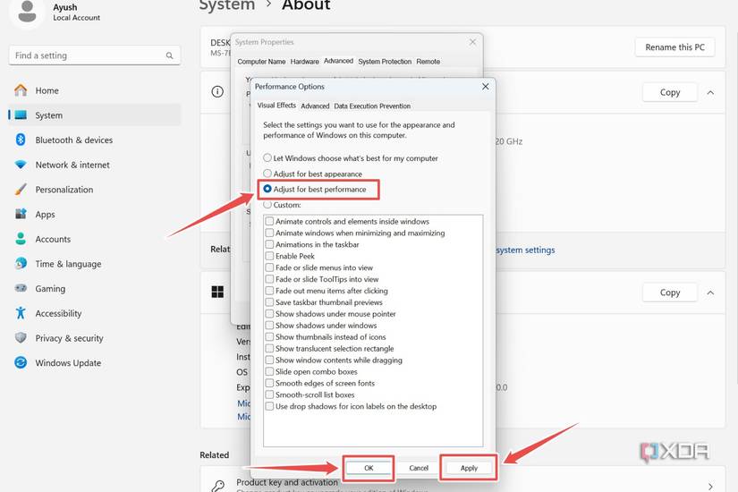The procedure to disable all visual effects on Windows 11