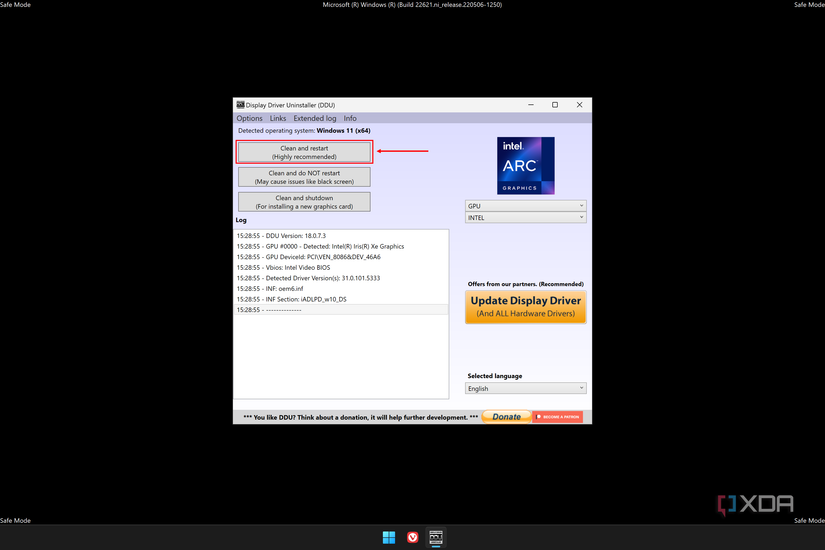 Screenshot of DDU with the clean and restart button highlighted