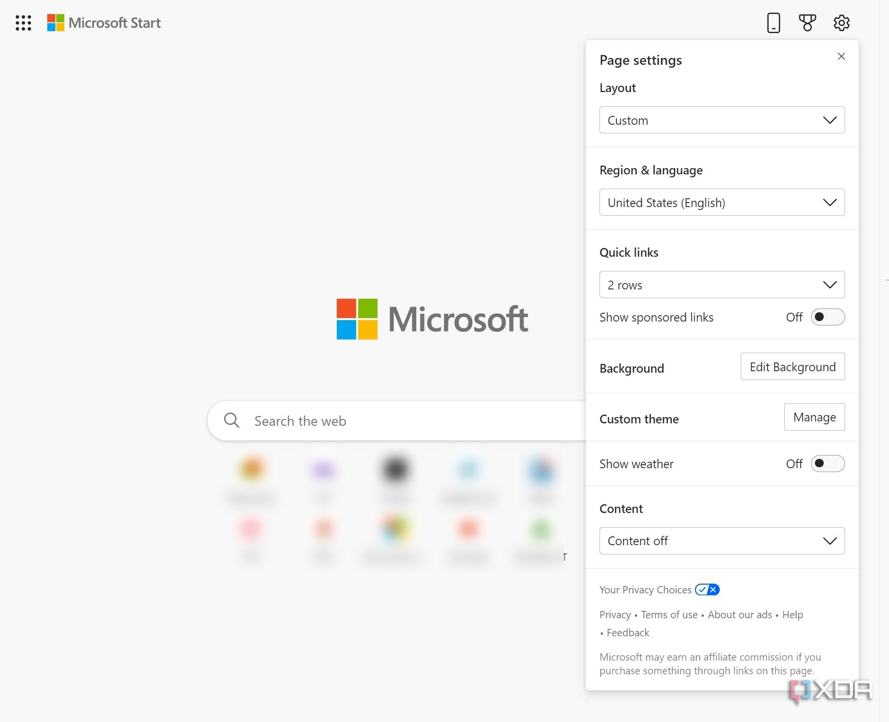 Microsoft Edge home layout settings
