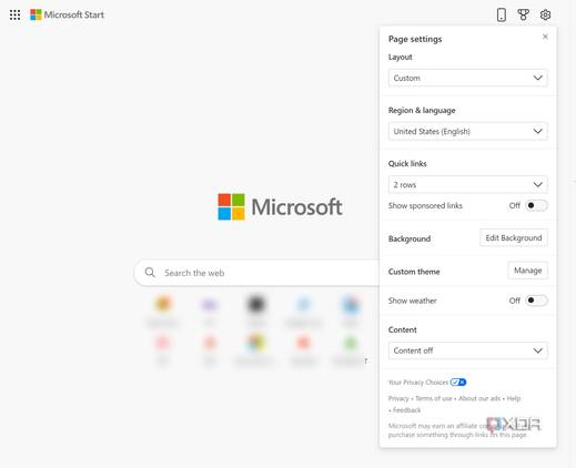 Microsoft Edge home layout settings