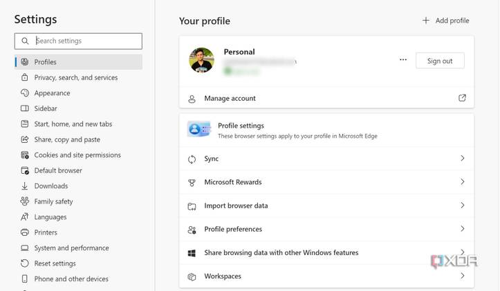 Microsoft Edge settings menu