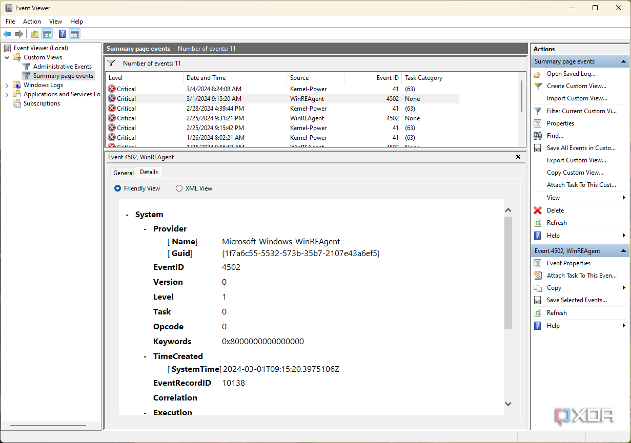 Screenshot of Event Viewer showing error details for a critical event