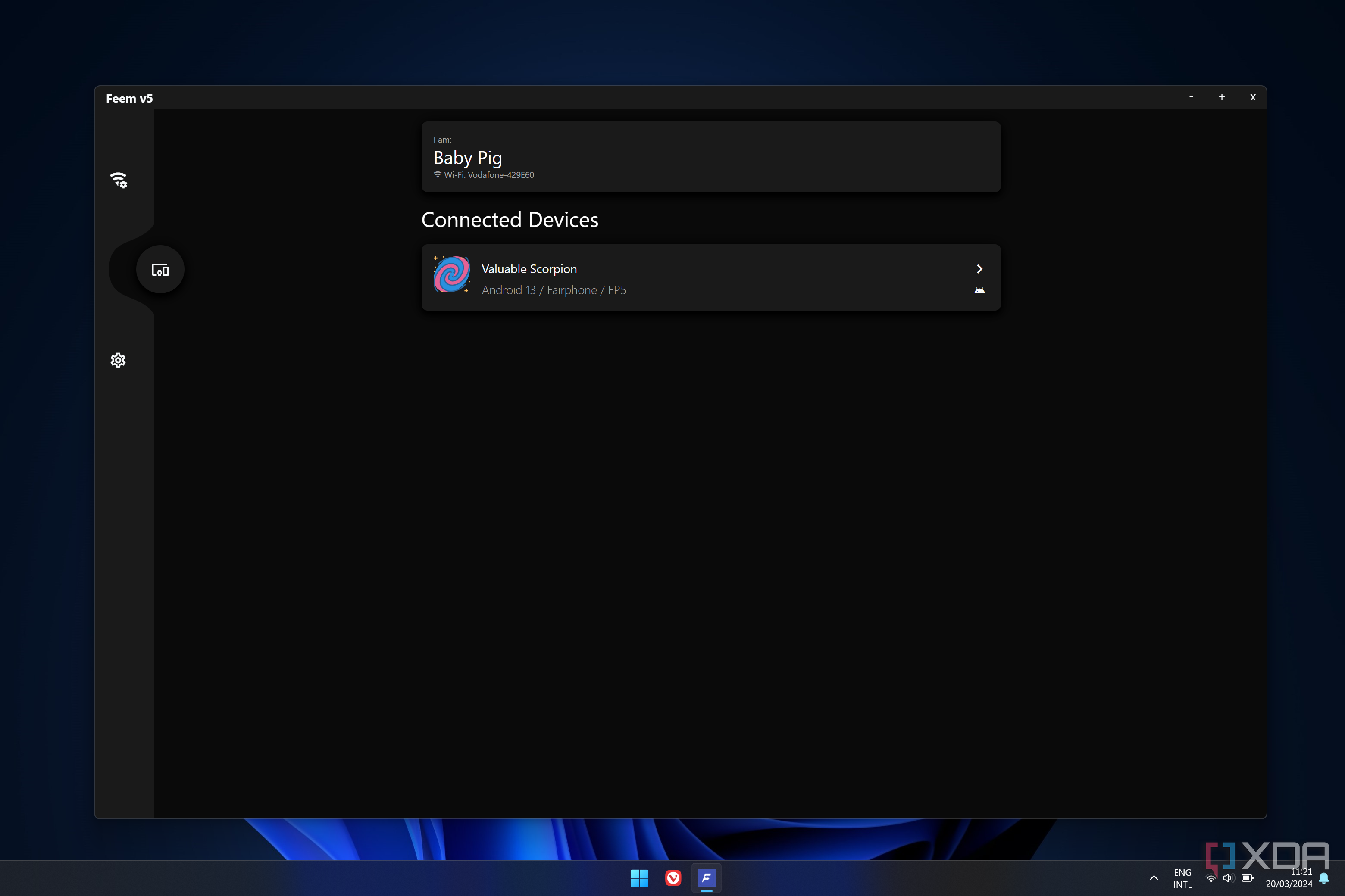 Screenshot of the Feem app on Windows 11 showing available nearby devices