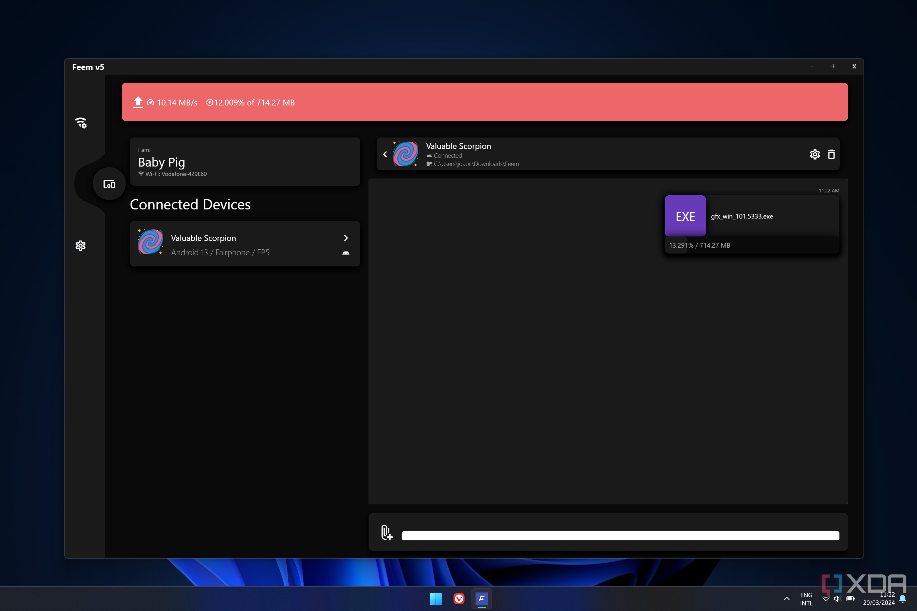 Screenshot of the Feem app for Windows 11 transferring files to a different device