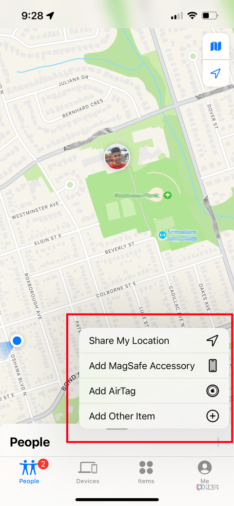 A Find My page on iPhone with the plus sign options selected in a pop-up