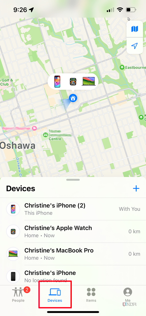 A Find My page on iPhone showing the Devices page