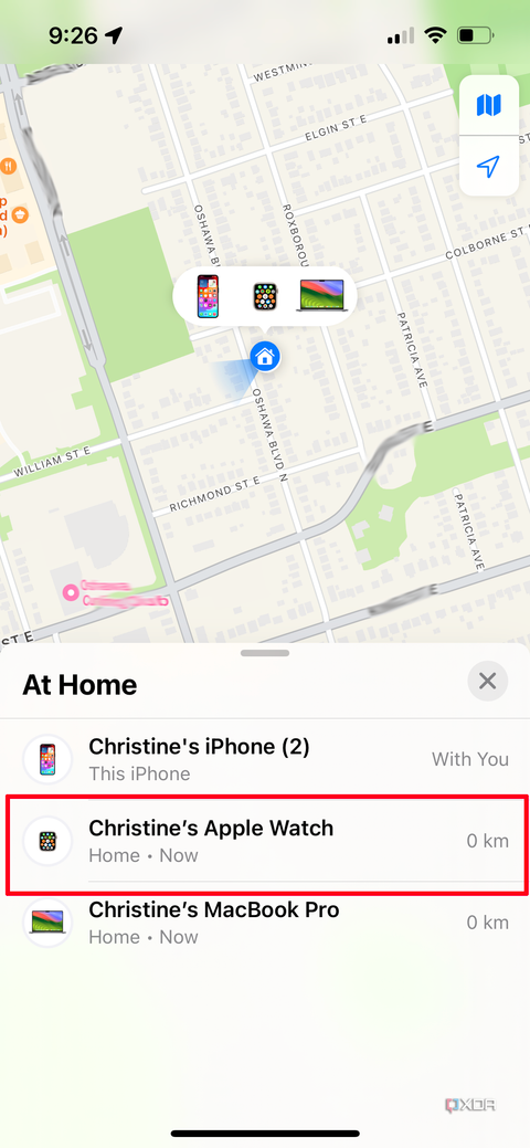 A Find My page on iPhone showing a list of devices with Apple Watch selected.