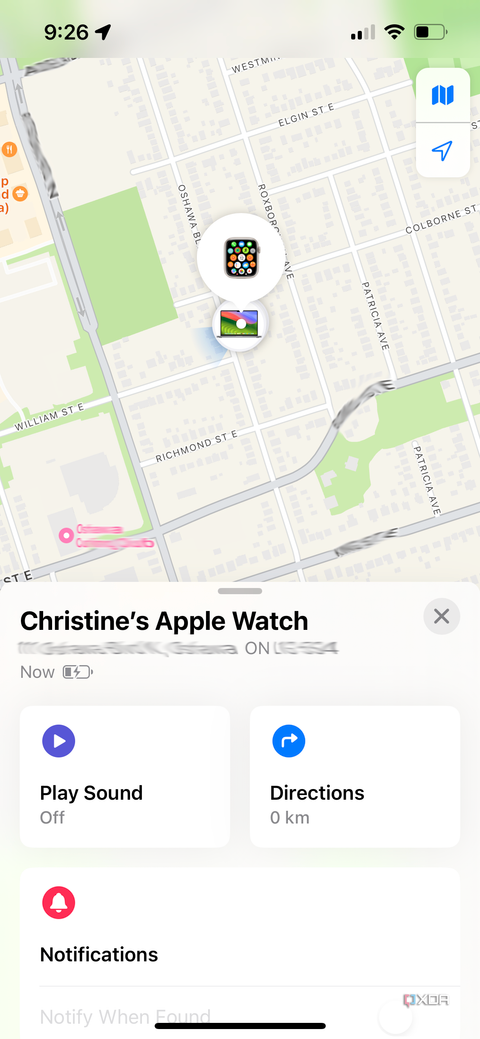 A Find My page on iPhone with Apple Watch location and other options showing