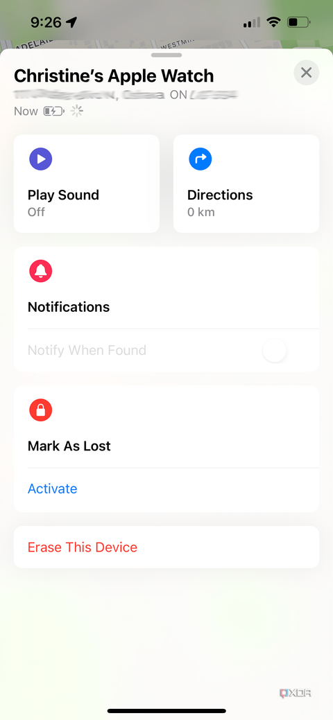A Find My page on iPhone with Apple Watch options showing, including Mark as Lost and Erase