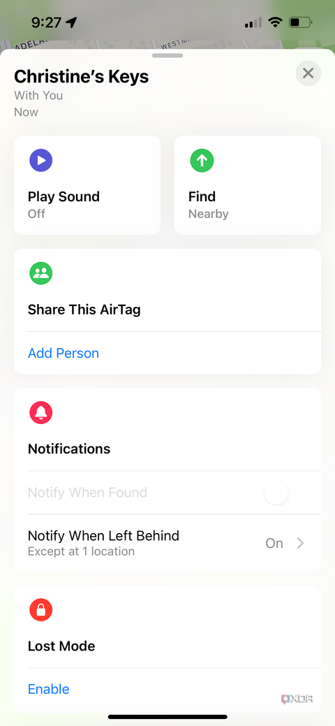A Find My page on iPhone with Christine's Keys more options