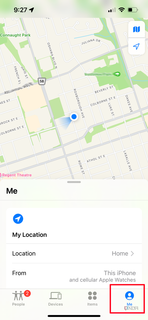 A Find My page on iPhone with the Me tab selected.
