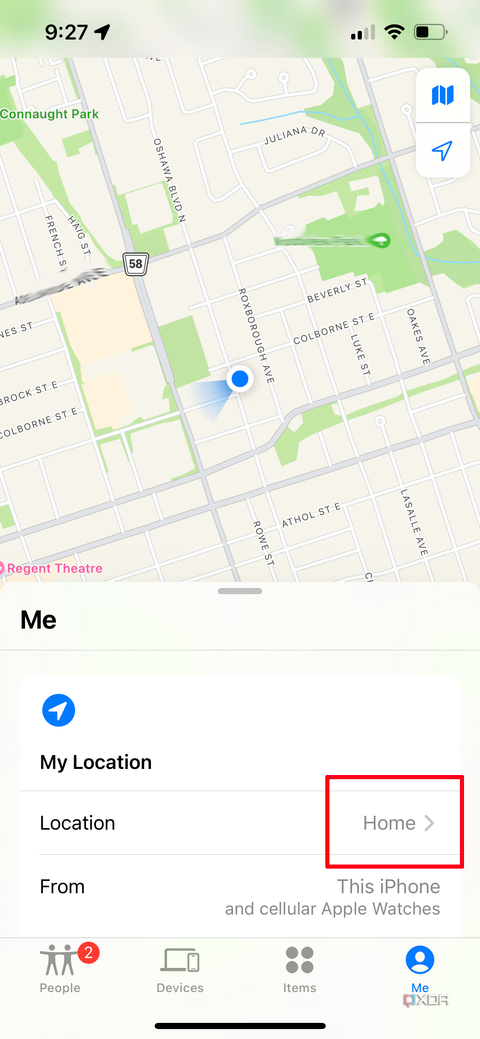 A Find My page on iPhone with the Location set to name as Home